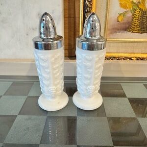 🤍 Westmoreland Milk Glass Salt & Pepper Shakers with Silver Tops – 1910s–1940s
